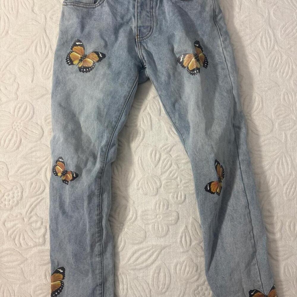 Blue butterfly embroidered jeans size